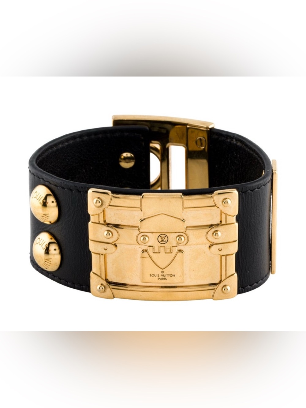 Louis Vuitton Black Leather Bracelet with Gold Trunk-Style Plaque